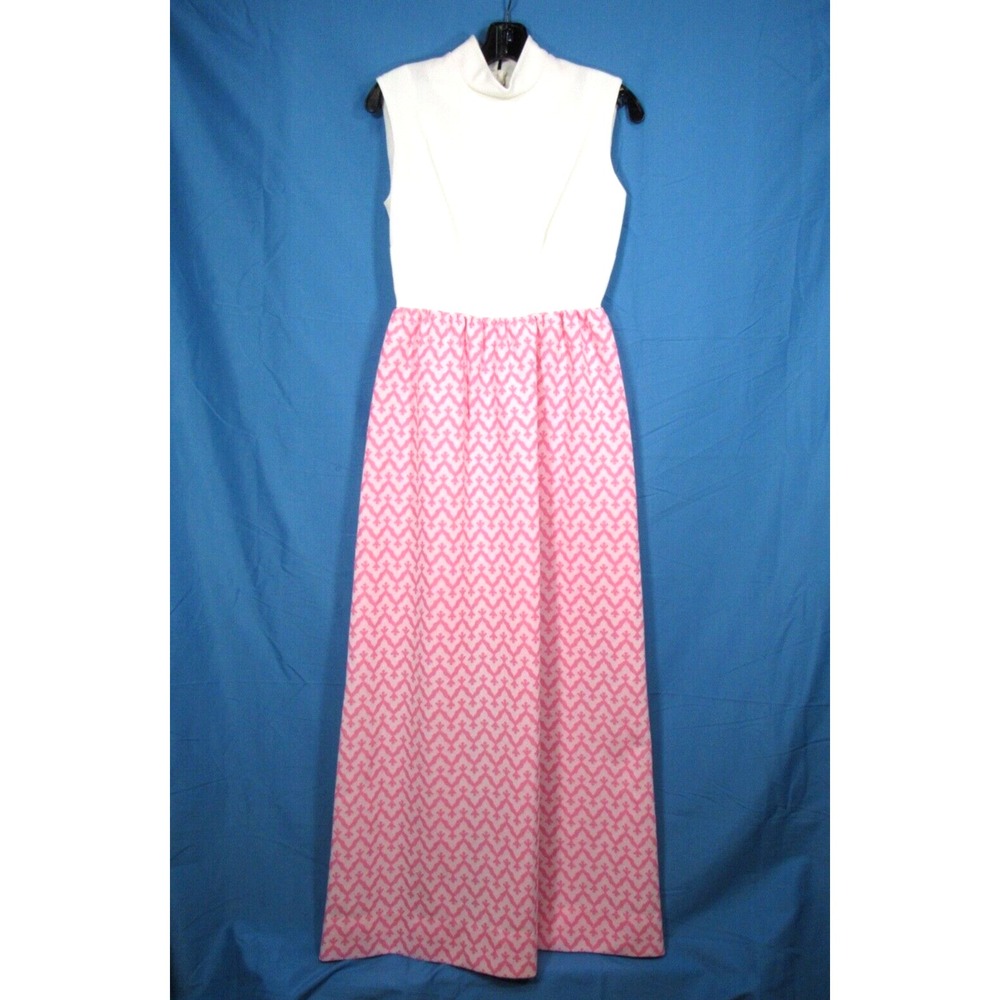 VTG Poly Double Knit MAXI DRESS White Top PINK PRINT A-LINE Boho Wedding 35"B, M